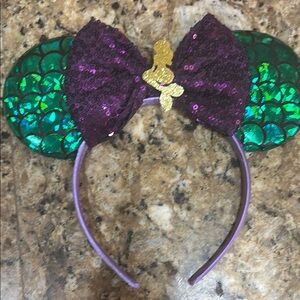 Green Iridescent Mermaid Ear Headband with Purple Sequin Bow